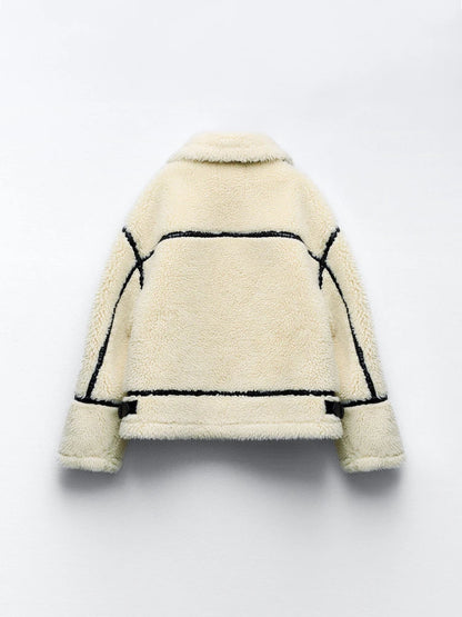 maoxiangshop  -  Elegant Winter Wool Fur Jacket Women Motorcycle Teddy Long Sleeve Stand Collar Double Faced Coat Female Winter Bike Streetwear