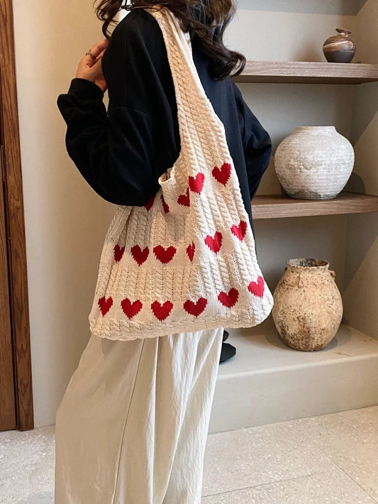 Fashionable Valentine's Day Solid Color Knitted Material with Heart shaped Decoration Open Top Women's One Shoulder Tote Bag