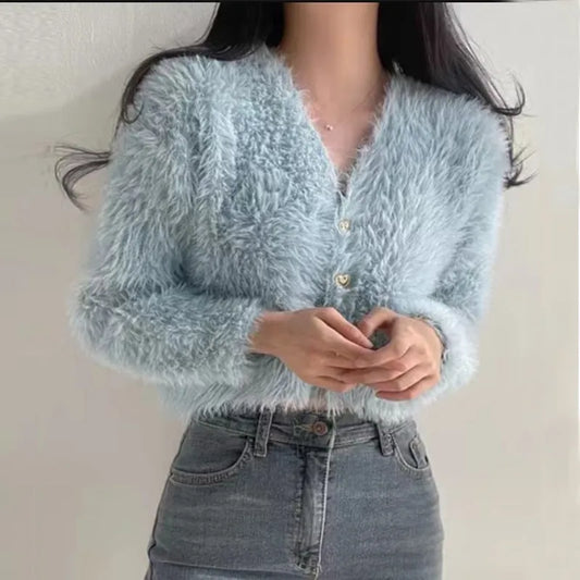 maoxiangshop Fluffy Mohair Cardigan V-Neck Gold Button Up Sweater for Women Autumn Winter