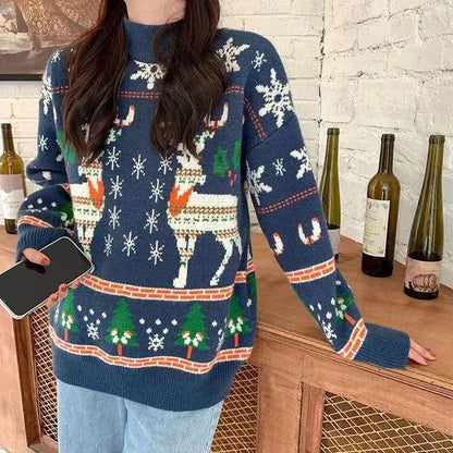 maoxiangshop  -  Women Christmas Autumn Winter Trend Fashion Loose Mock Neck Long Sleeve Knitwear Ladies Casual All-match Sweet Knitting Tops