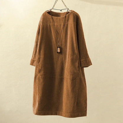 maoxiangshop Women Vintage Pockets Corduroy Solid Color Long Sleeve Loose Casual Dress vestido feminino party dresses Women's dress