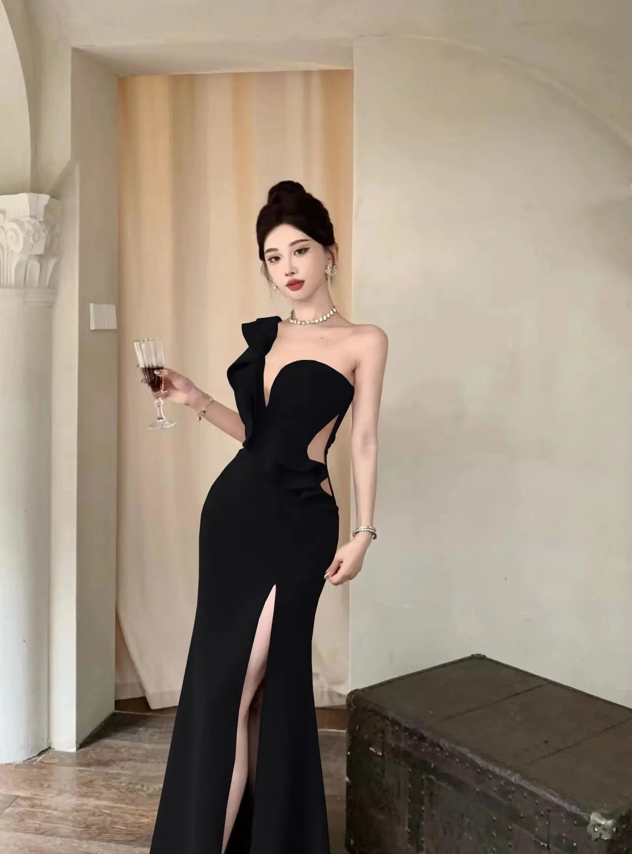 maoxiangshop Elegant Fashion Wedding Evening Party Long Dresses for Women Sexy Split Sleeveless Slim Ladies Vintage Red Prom Female Clothing