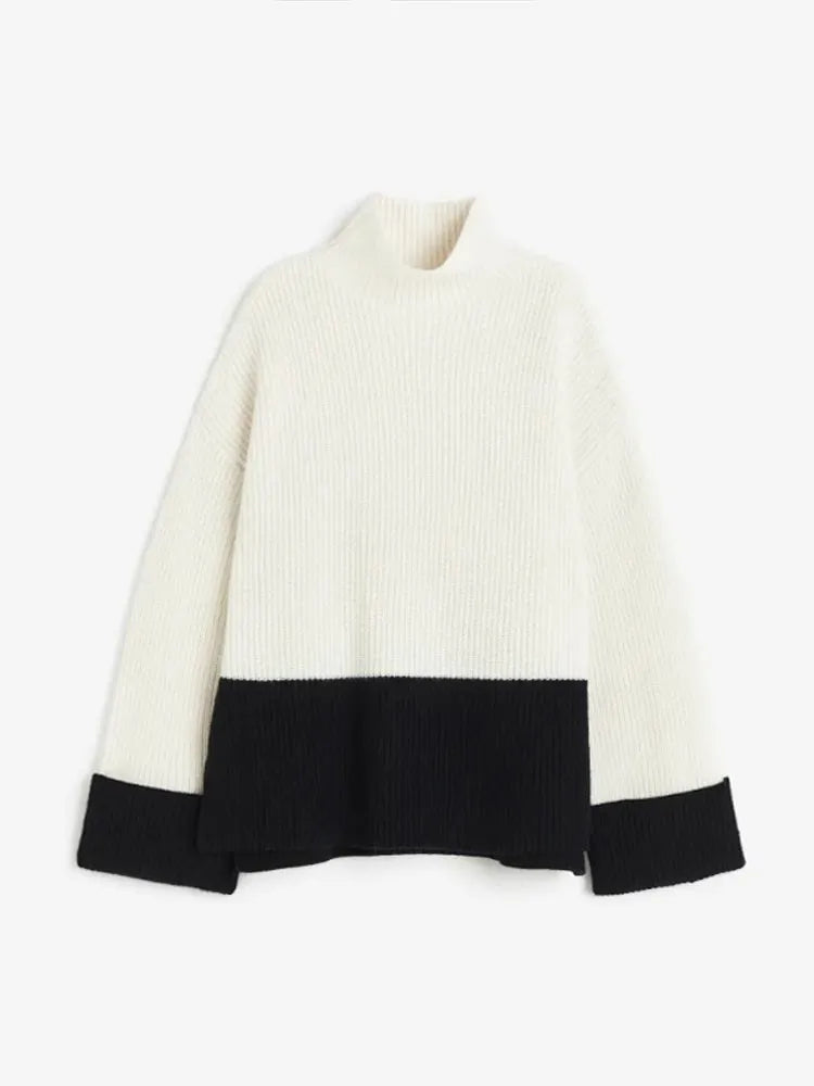 maoxiangshop -  Women's Fashion Patchwork Turtleneck Sweater Tops Autumn Loose Sleeve Knitted Pullover Female Elegant Lady Chic Knitwear
