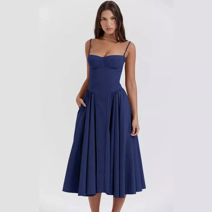 Elegant Women Solid Sling Long Pleated Dress Chic Sleeveless Backless A-line Dresses 2024 Summer Party Club Evening Robes