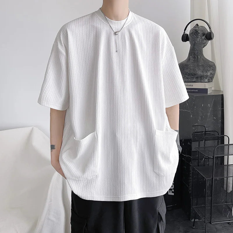 maoxiangshop High Quality Men Trend Pockets T Shirts Summer Mens Short Sleeve Fashions Male Solid Simple Daily Tees Harajuku T-Shirt