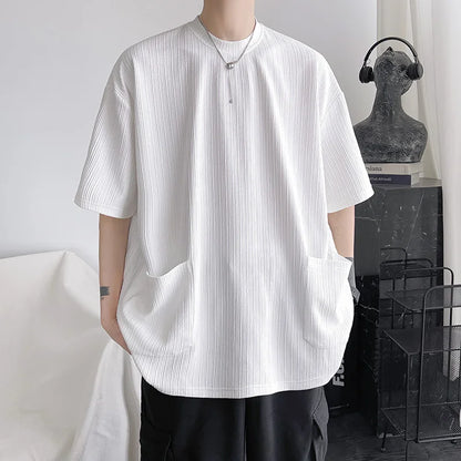maoxiangshop High Quality Men Trend Pockets T Shirts Summer Mens Short Sleeve Fashions Male Solid Simple Daily Tees Harajuku T-Shirt