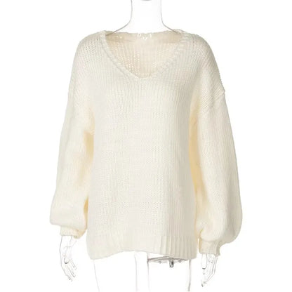 maoxiangshop  -   Loose Big V Neck knitted Sweater For Women Casual Solid Color Pullovers Top Long Sleeve Hollow Top Autumn Winter New 2024