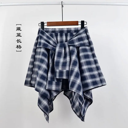 maoxiangshop Summer Casual Retro Irregular Women Skirt Bow-knot Elastic Waist Shirt Style Blue White Lattice Mini A-line Shortskirt Female