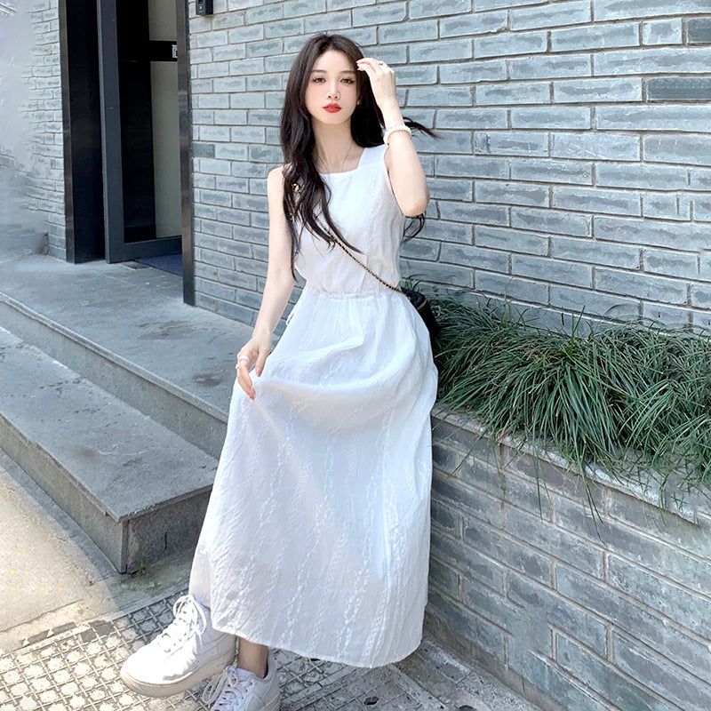 maoxiangshop Summer Square Collar Embroider White Dress Women Elegant Party Solid Drawstring Female Sundress Fashion Chic Midi Dresses