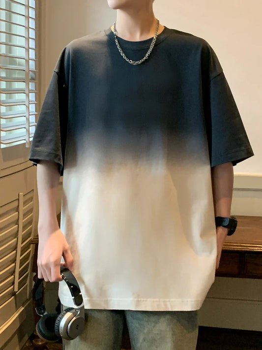 maoxiangshop 2024 New Gradient Color Summer Oversized T-shirt Men Korean Fashion 240gsm Heavy Cotton Tee Y2K Tops Short Sleeve Loose Tshirt