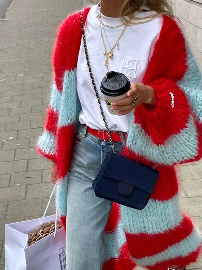 maoxiangshop  -  Chic Striped Knit Long Coat Women Lantern Sleeve Thicken Warm Cardigan Jacket 2024 Winter Fashion Female Street Outwears