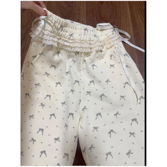 maoxiangshop  -  Casual Bow Print Lace Pants Woman Baggy Japanese Kawaii Vintage Basic Thick Trousers Korean Fashion Autumn Pantalones