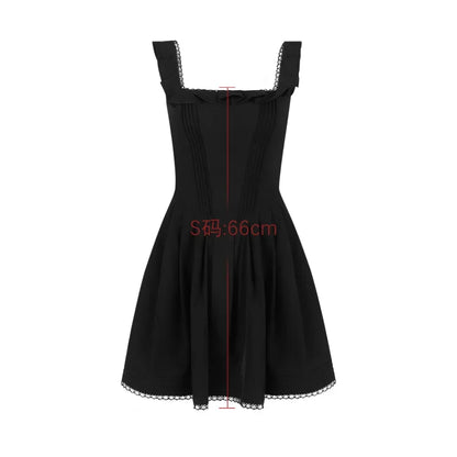 Black Square Neck Pleated Dress Mini Lovely Casual A Line Birthday Party Dresses Sexy Women Clothes