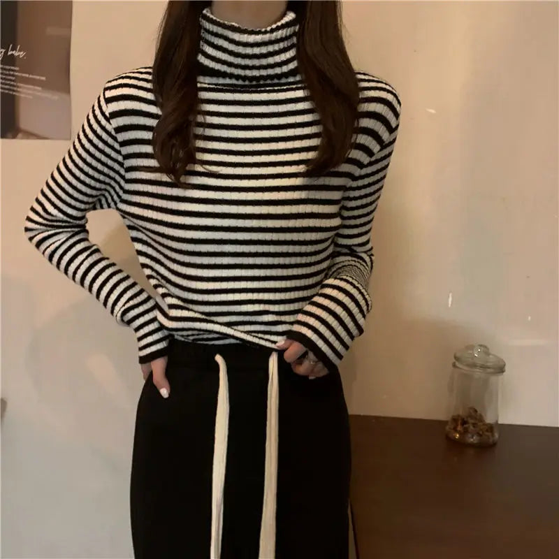 maoxiangshop Women's Striped Turtleneck Sweater Autumn and Winter Knit Sweater Women's Long Sleeve Striped Sweater Turtleneck Sweater