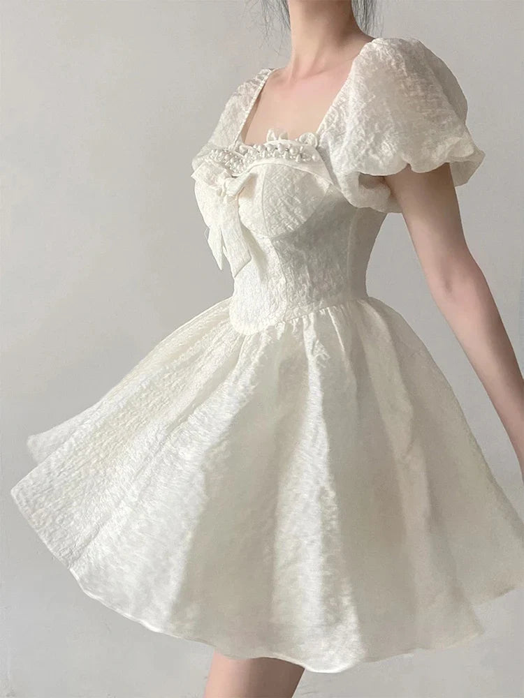 Summer Mini Dresse French Square Collar Beaded Princess Bow Short Sleeve Dress Women Elegant Party A-line Vintage Sweet Vestidos