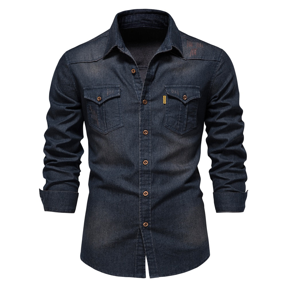 maoxiangshop Brand Elastic Cotton Denim Shirt Men Long Sleeve Quality Cowboy Shirts for Men Casual Slim Fit Mens Designer Clothing