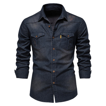 maoxiangshop Brand Elastic Cotton Denim Shirt Men Long Sleeve Quality Cowboy Shirts for Men Casual Slim Fit Mens Designer Clothing