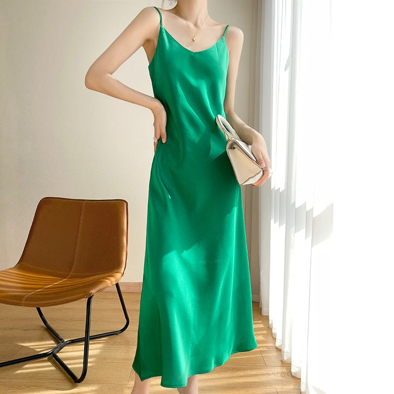 maoxiangshop Tri-Acetate Satin Silky V-Neck Temperament Female Summer Beautiful Silk Suspender Dress New Long Skirt Is Thin