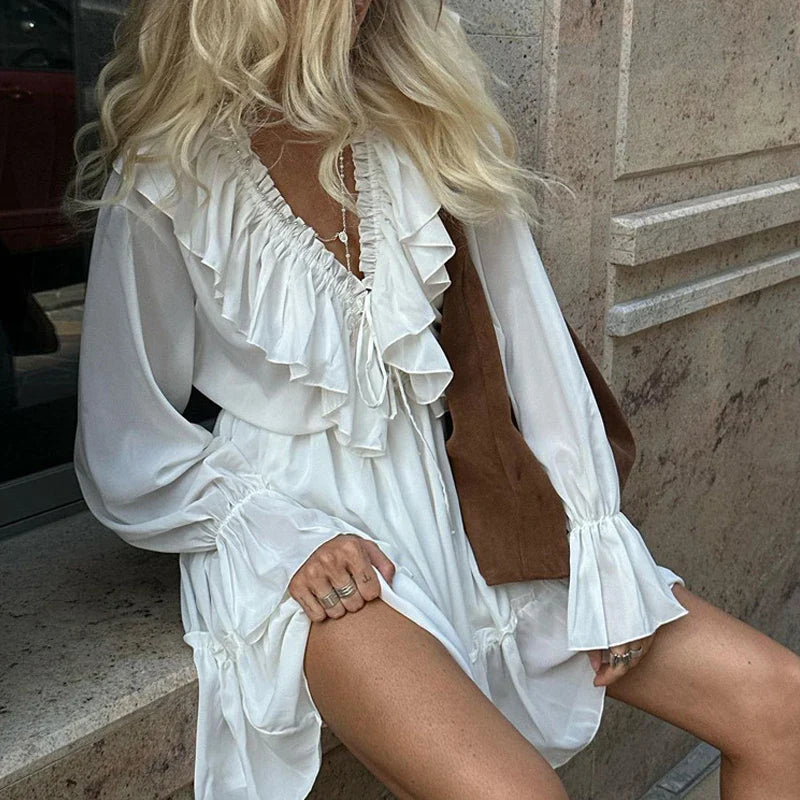 Fashion Ruffle Deep V Pleats Short Dress Spring Summer Flare Sleeves Elastic Waist Holiday Dress Lady Elegant Party White Dress