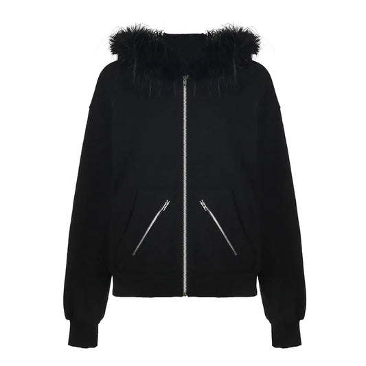 Furry Faux Fur Trim Zipper Hoodie Women Y2k Streetwear Fashion Black Jackets and Coats Fall Winter Clothes P67-DI30