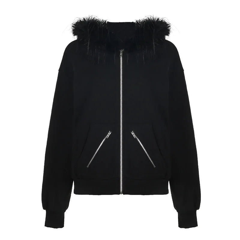 Furry Faux Fur Trim Zipper Hoodie Women Y2k Streetwear Fashion Black Jackets and Coats Fall Winter Clothes P67-DI30