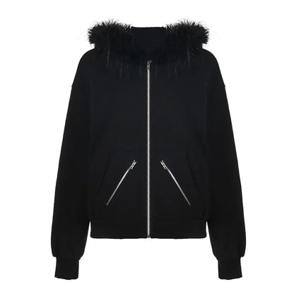 Furry Faux Fur Trim Zipper Hoodie Women Y2k Streetwear Fashion Black Jackets and Coats Fall Winter Clothes P67-DI30