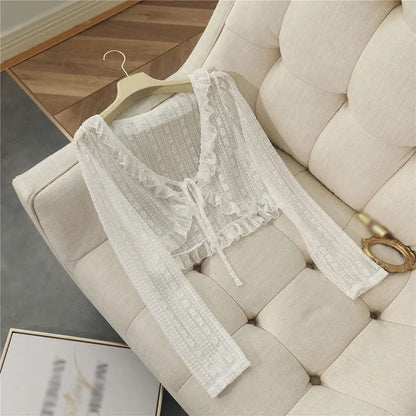 Women Summer Sun Protection Coat Lace Bow Ruffle Cardigan Shirt Female Blouse Tops for Woman Covers Blusa White Y2K Korean Shirt