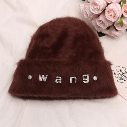 maoxiangshop New Fashion Rabbit Fur Y2k Beanies for Women Soft Warm Fluffy Angola Winter Hat Female Windproof Bonnet Hat Skullies Cap