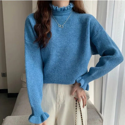 maoxiangshop Women Ruffles Thicken Warm Sweater Mock Neck Flare Sleeve Sweet Pullovers Solid Casual Sweater For Women Fall Winter