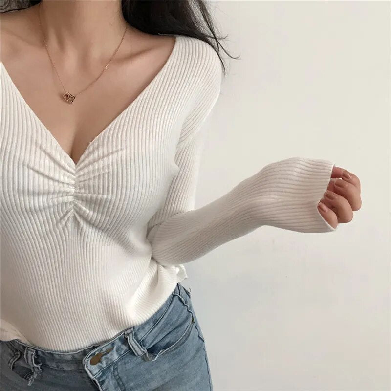 maoxiangshop Sexy V Neck Women Sweater Autumn Knitted Pullover Jumper Chic Soft Korean Slim Long Sleeve Female Basic Top New