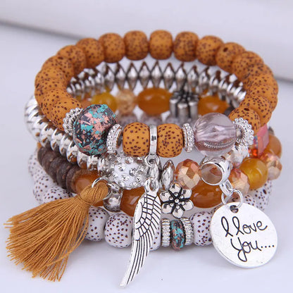 maoxiangshop Valentines Day Bohemian Multicolor Pink Crystal Beads Bracelets Women Girls Elastic Tassel Wing Letters Rope Bracelet Pulseira Feminina