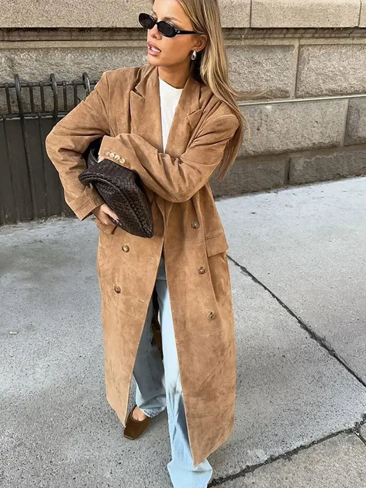 maoxiangshop  -  Women Fashion Solid Long Windbreaker Jacket Casual Lapel Double Breasted With Pocket Coat 2024 Autumn Winter Commute Outcoat