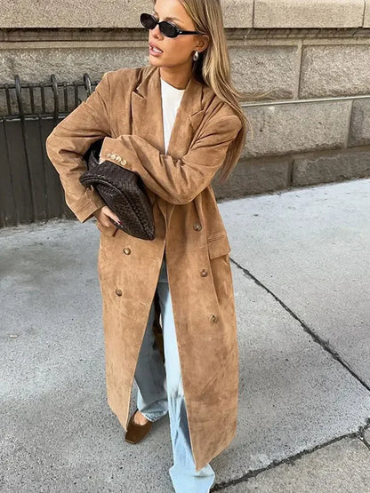 maoxiangshop  -  Women Fashion Solid Long Windbreaker Jacket Casual Lapel Double Breasted With Pocket Coat 2024 Autumn Winter Commute Outcoat