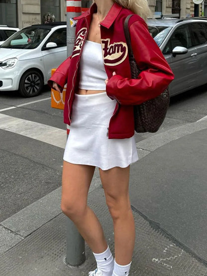 maoxiangshop  -  Women Leather Fashion Embroidery Zipper Short Jacket Elegant Long Sleeves Lapel Loose Coats Autumn Female Streetwear Outercoat