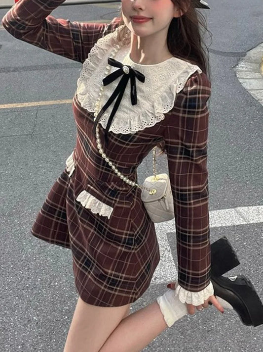 maoxiangshop Korean Preppy Style Mini Plaid Dress Women Vintage One Piece Dresses Y2k Jk Uniform Long Sleeve Tunic Princess Vestidos