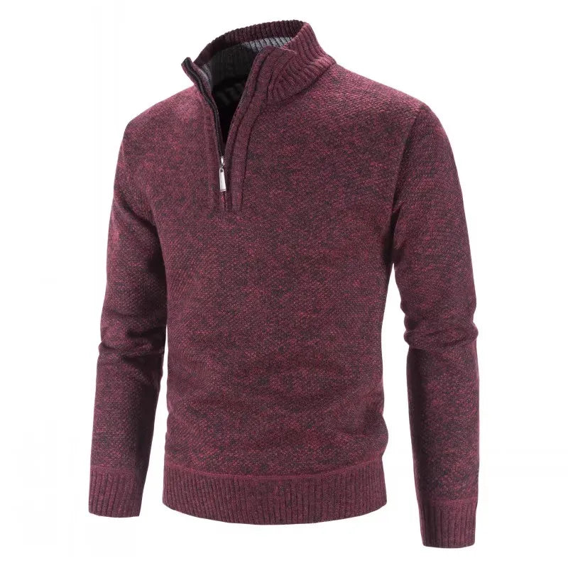 maoxiangshop Autumn Winter Thick Knitted Sweater Men Pullovers Solid Color Zipper Mock Neck Slim Fit Knit Pullovers Men Causal Sweater Man