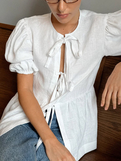 maoxiangshop  -  Autumn New White Puff Sleeve Blouse Women 2024 O Neck Short Sleeve Lace-up Shirts Tops French Elegant Casual Fashion Blouses