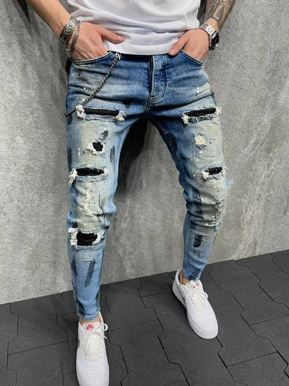 maoxiangshop Men Jeans Knee Hole Ripped Stretch Skinny Denim Pants Solid Color Black Blue Autumn Summer Hip-Hop Style Slim Fit Trousers S-4XL