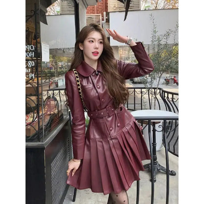 maoxiangshop  -  Autumn New Retro Red French High end Hepburn Style Polo Neck Leather Dress for Women Waist Slimming A-line Pleated Mini Dress