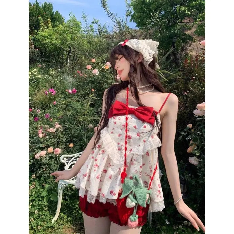maoxiangshop  -  Cute Girl Sweet Bow Lace Splice Camisole Top Red Slimming Pumpkin Shorts Set Summer New Beach Style Two Piece Sets Women Outfits