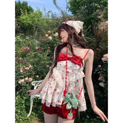 maoxiangshop  -  Cute Girl Sweet Bow Lace Splice Camisole Top Red Slimming Pumpkin Shorts Set Summer New Beach Style Two Piece Sets Women Outfits