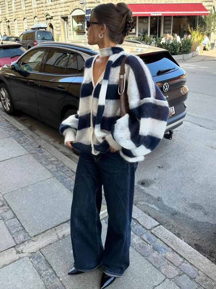 maoxiangshop  -  V-Neck Scarf Sweater Cardigan Female Contrast Casual Patchwork Autumn Hollow Out Outwear Women's Knitwear Coat Cardigan
