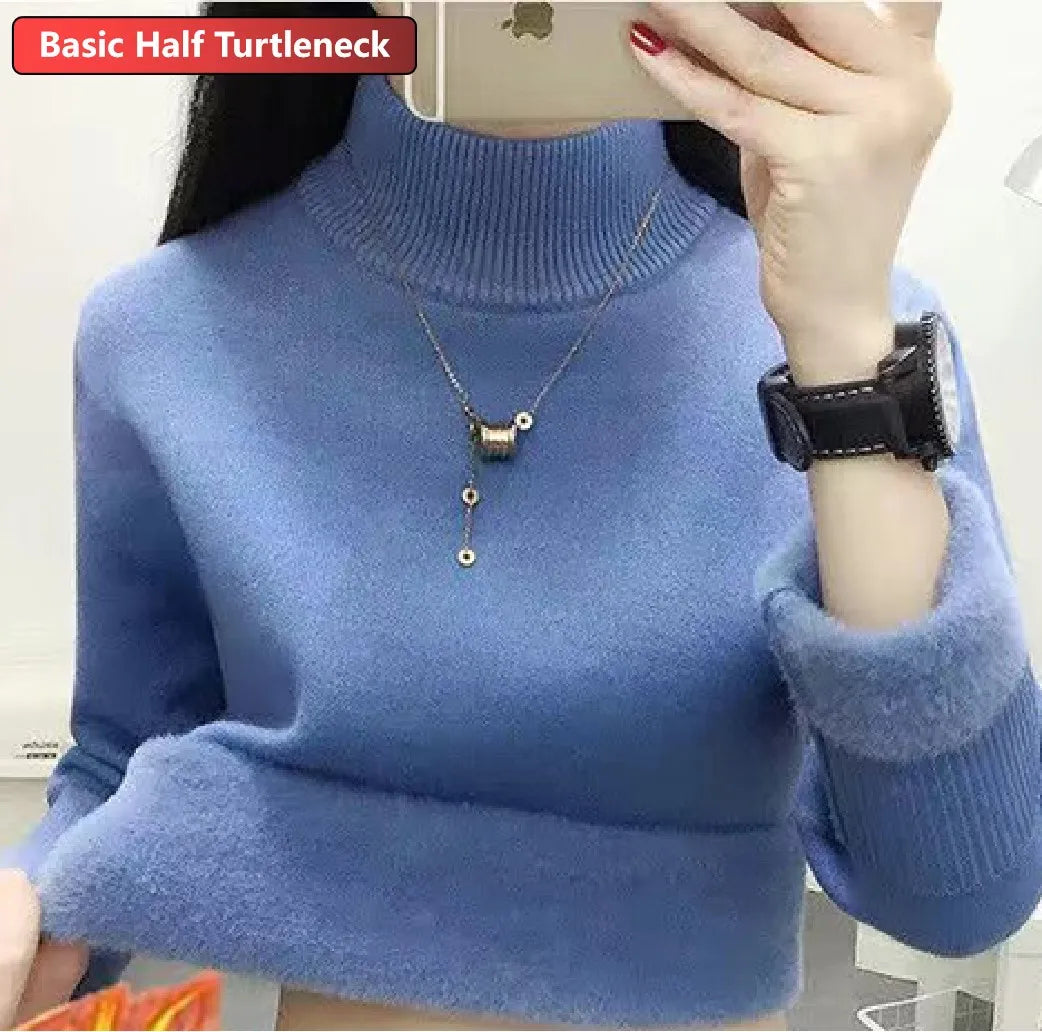 maoxiangshop Turtleneck Winter Sweater Women Elegant Thicken Velvet Lined Warm Sueter Knitted Pullover Slim Tops Jersey Knitwear Jumper New