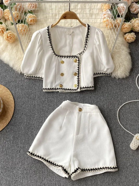 French Streetwear Small Fragrance Pants Suits Women Short Jacket Coat Crop Top & High Waist Shorts Sets Summer Two Piece Set