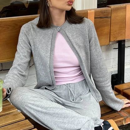 maoxiangshop  -  Women One Button Knit Cardigan 2024 Autumn Knitwear Round Neckline Long sleeve Solid Color Cardigan Rib Jumpers