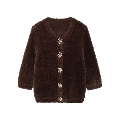 maoxiangshop  -  Knitted 3D Flower Button Faux Fur Cardigan Women Retro Soft O-neck Long Sleeved Jackets Female Autumn Elegant High Street Tops