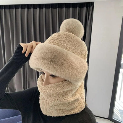 maoxiangshop Winter Scarf Set Hooded for Women Plush Neck Warm Russia Outdoor Ski Windproof Hat Thick Plush Fluffy Beanies