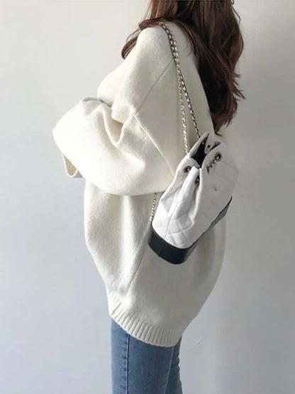 White Knitted Sweaters Women Autumn Winter Pullovers Female Korean Fashion Long Sleeve Knitwear Tops Elegant Loose V-Neck Jumper