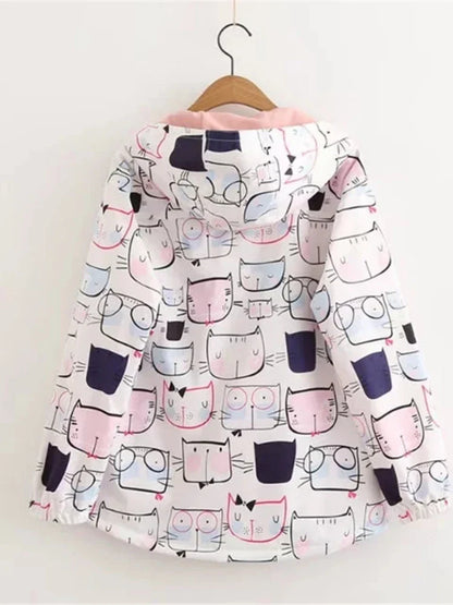 Women Jackets Preppy Style Cute Cat Printed Hooded Jacket Long Sleeve Harajuku Coat Mori Girls' Sweet Outwear S-L