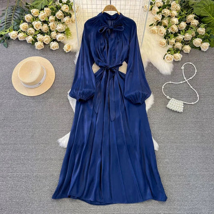 maoxiangshop Frenchic Vintage Long Dress Women Lace-up Bow Collar Lantern Sleeve Female Vestidos De Mujer Spring Elegant Dresses